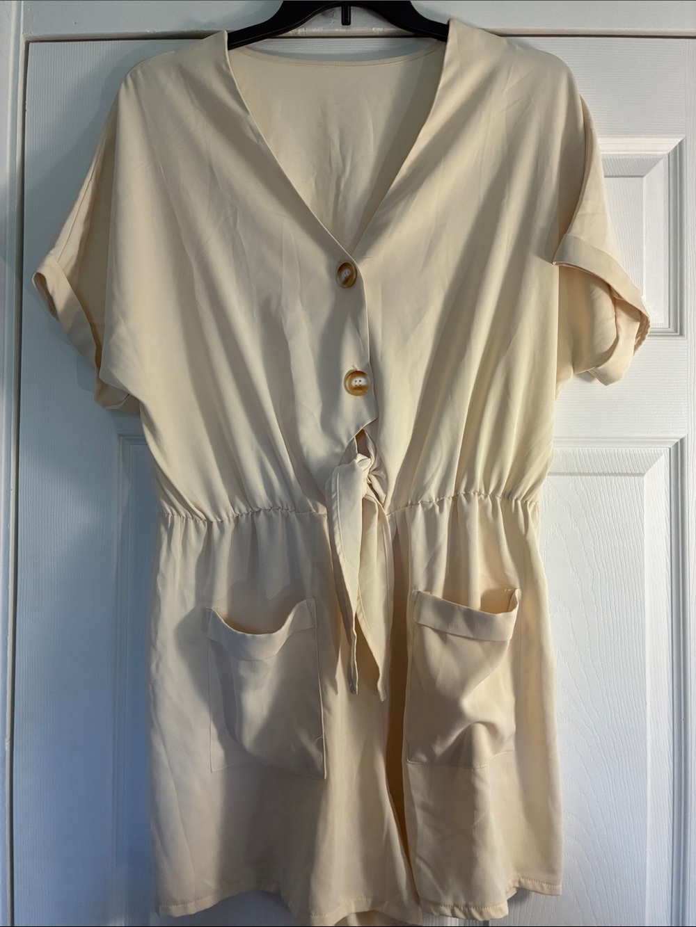 Womens Cream Button-Front Romper with Tie Waist